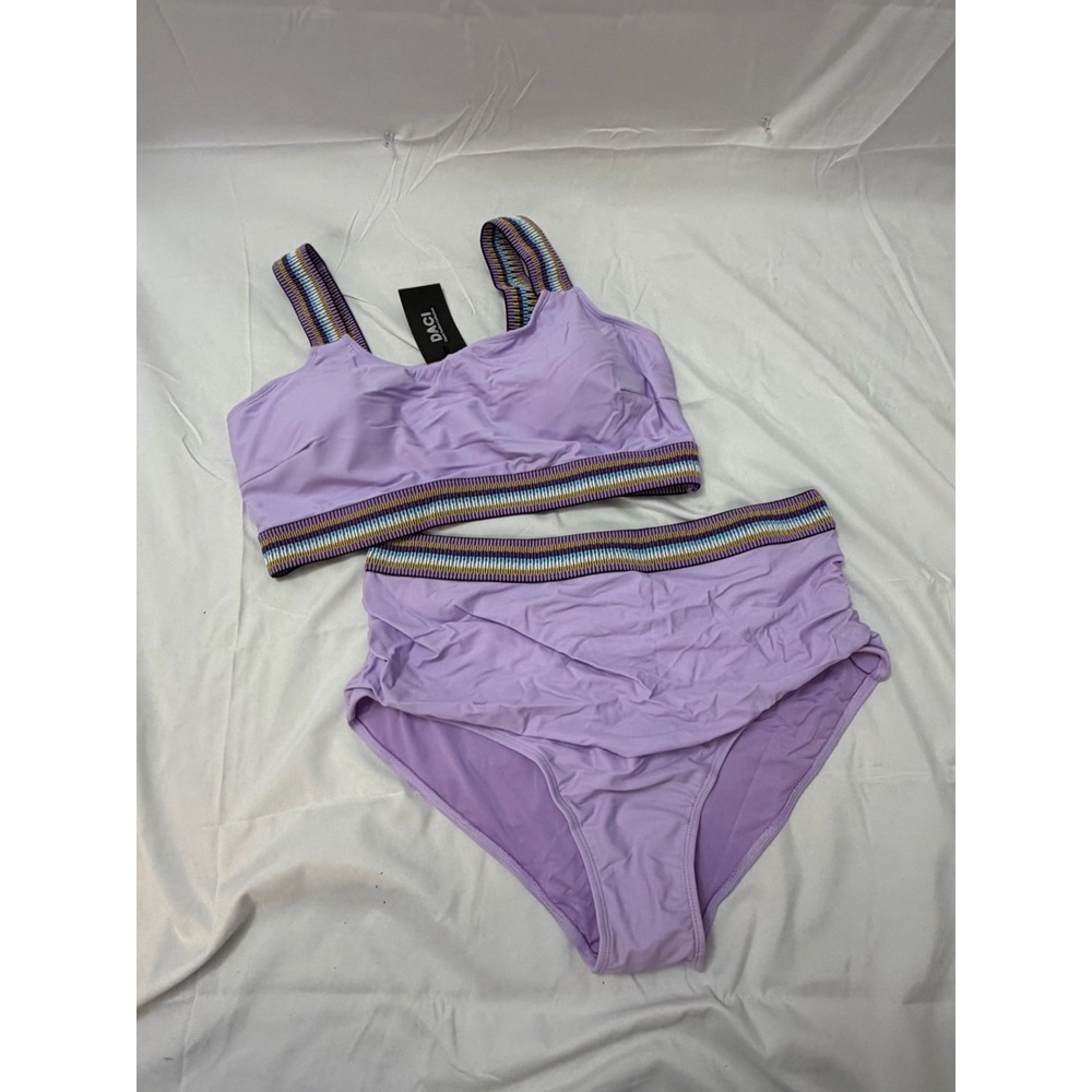 Daci Women Lilac Purple High Waisted Bikini Set Retro Striped Trim 16W NEW